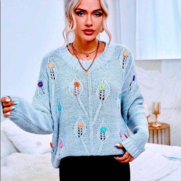 NWT! COLORFUL FLOWER HAND EMBROIDERED DROP SHOULDER POINTELLE KNIT SWEATER-GRAY! - Picture 13 of 14